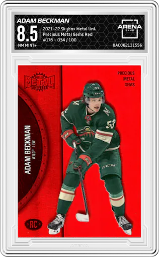 Adam Beckman from the 2021-22 Skybox Metal Universe set featuring a Red parallel graded by Arena Club and given an overall grade of 8.5.