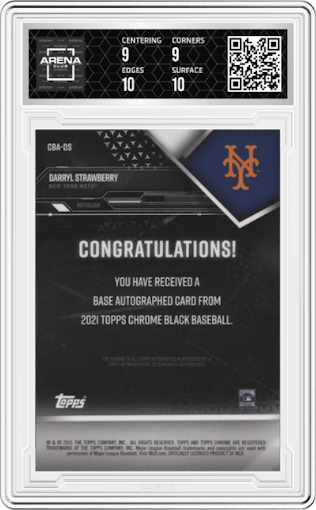 Darryl Strawberry from the 2021 Topps Chrome Black set featuring a Green Refractor  parallel graded by Arena Club and given an overall grade of 9.5.