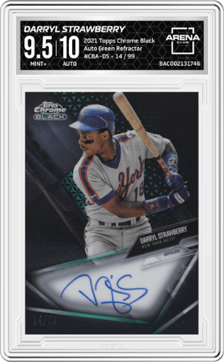 Darryl Strawberry from the 2021 Topps Chrome Black set featuring a Green Refractor  parallel graded by Arena Club and given an overall grade of 9.5.