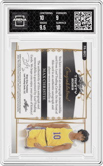 Max Christie from the 2022-23 Leaf Trinity set featuring a Gold parallel graded by Arena Club and given an overall grade of 9.5.