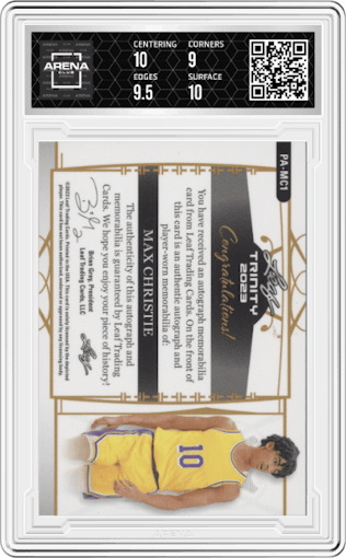 Max Christie from the 2022-23 Leaf Trinity set featuring a Gold parallel graded by Arena Club and given an overall grade of 9.5.