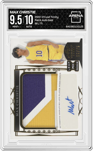 Max Christie from the 2022-23 Leaf Trinity set featuring a Gold parallel graded by Arena Club and given an overall grade of 9.5.