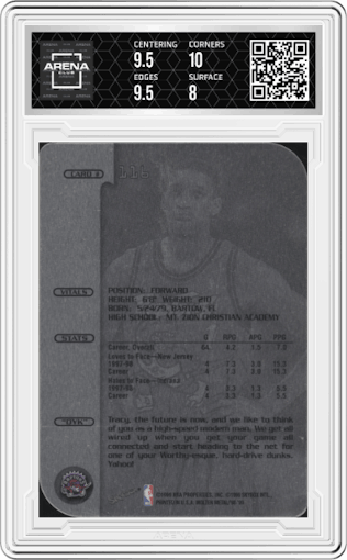 Tracey McGrady from the 1998-99 SkyBox Molten Metal set featuring a Xplosion parallel graded by Arena Club and given an overall grade of 8.5.
