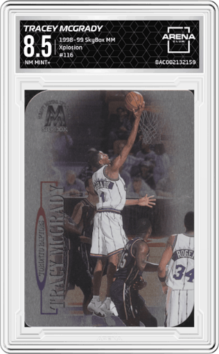 Tracey McGrady from the 1998-99 SkyBox Molten Metal set featuring a Xplosion parallel graded by Arena Club and given an overall grade of 8.5.