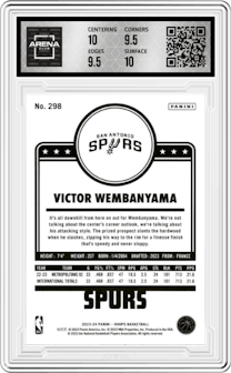 Victor Wembanyama from the 2023-24 Panini NBA Hoops set graded by Arena Club and given an overall grade of 10.