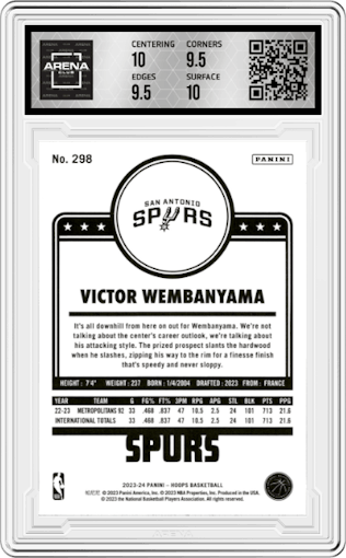 Victor Wembanyama from the 2023-24 Panini NBA Hoops set graded by Arena Club and given an overall grade of 10.