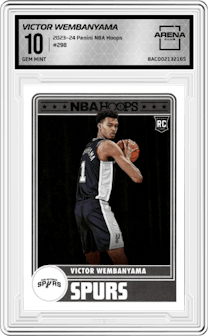 Victor Wembanyama from the 2023-24 Panini NBA Hoops set graded by Arena Club and given an overall grade of 10.