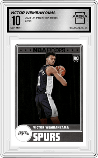 Victor Wembanyama from the 2023-24 Panini NBA Hoops set graded by Arena Club and given an overall grade of 10.