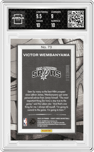 Victor Wembanyama from the 2023-24 Panini Court Kings set graded by Arena Club and given an overall grade of 9.5.