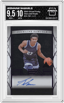 Jermaine Samuels from the 2022-23 Leaf Trinity set featuring a Purple parallel graded by Arena Club and given an overall grade of 9.5.