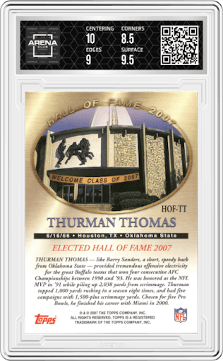 Thurman Thomas from the 2007 Topps  set graded by Arena Club and given an overall grade of 9.