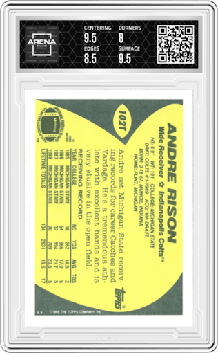 Andre Rison from the 1989 Topps  set graded by Arena Club and given an overall grade of 8.5.