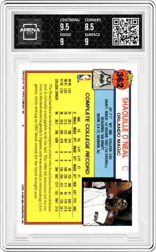 Shaquille O'Neal from the 1992-93 Topps set graded by Arena Club and given an overall grade of 9.