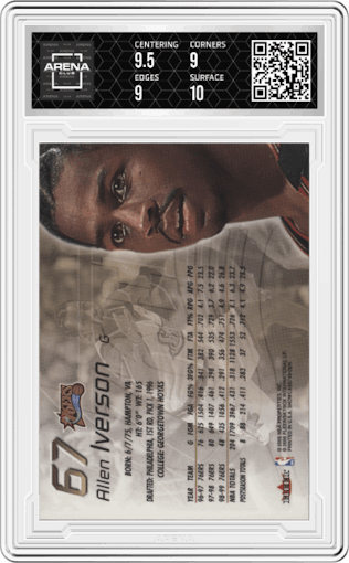 Allen Iverson from the 1999-00 Flair Showcase set graded by Arena Club and given an overall grade of 9.5.