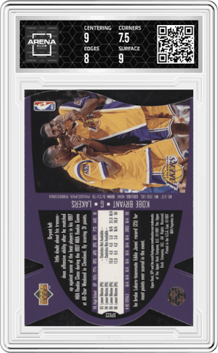 Kobe Bryant from the 1997 SPx set graded by Arena Club and given an overall grade of 8.