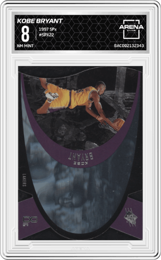 Kobe Bryant from the 1997 SPx set graded by Arena Club and given an overall grade of 8.