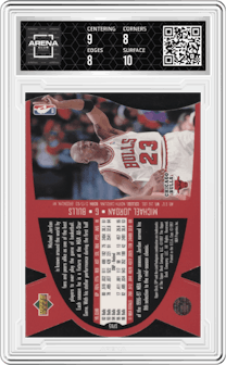 Michael Jordan from the 1997 SPx set graded by Arena Club and given an overall grade of 8.5.