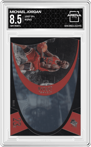 Michael Jordan from the 1997 SPx set graded by Arena Club and given an overall grade of 8.5.