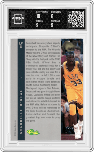 Shaquille O'Neal from the 1992 Classic Four Sport set graded by Arena Club and given an overall grade of 6.5.