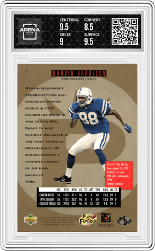 Marvin Harrison from the 1996 Upper Deck SP set graded by Arena Club and given an overall grade of 9.