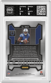 Anthony Richardson from the 2023 Panini Prizm set graded by Arena Club and given an overall grade of 9.