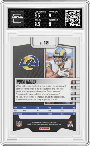 Puka Nacua from the 2023 Panini Absolute set graded by Arena Club and given an overall grade of 9.5.