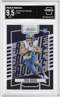 Puka Nacua from the 2023 Panini Absolute set graded by Arena Club and given an overall grade of 9.5.