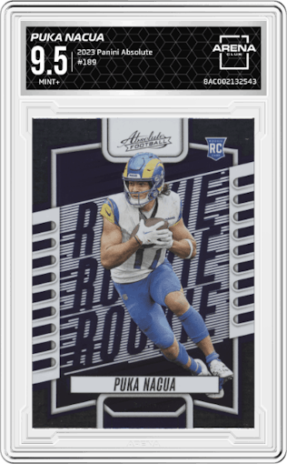 Puka Nacua from the 2023 Panini Absolute set graded by Arena Club and given an overall grade of 9.5.
