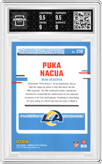 Puka Nacua from the 2023 Donruss Optic set graded by Arena Club and given an overall grade of 9.5.