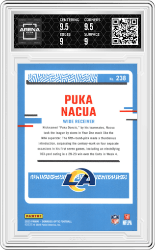 Puka Nacua from the 2023 Donruss Optic set graded by Arena Club and given an overall grade of 9.5.