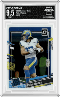 Puka Nacua from the 2023 Donruss Optic set graded by Arena Club and given an overall grade of 9.5.