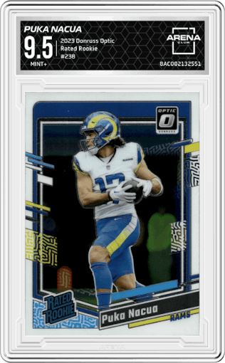 Puka Nacua from the 2023 Donruss Optic set graded by Arena Club and given an overall grade of 9.5.