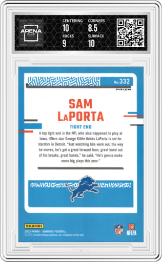 Sam LaPorta from the 2023 Panini Donruss set featuring a Pink parallel graded by Arena Club and given an overall grade of 9.