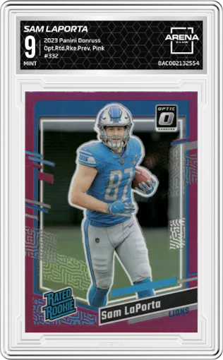 Sam LaPorta from the 2023 Panini Donruss set featuring a Pink parallel graded by Arena Club and given an overall grade of 9.