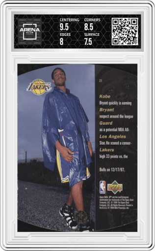 Kobe Bryant from the 1997-98 SPx set graded by Arena Club and given an overall grade of 8.