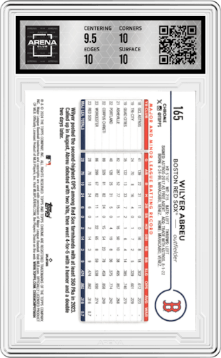 Wilyer Abreu from the 2024 Topps Chrome set featuring a Magenta Speckle Refractor parallel graded by Arena Club and given an overall grade of 10.