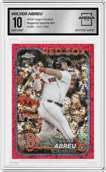Wilyer Abreu from the 2024 Topps Chrome set featuring a Magenta Speckle Refractor parallel graded by Arena Club and given an overall grade of 10.