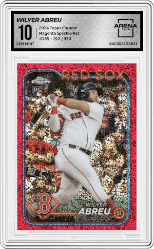 Wilyer Abreu from the 2024 Topps Chrome set featuring a Magenta Speckle Refractor parallel graded by Arena Club and given an overall grade of 10.