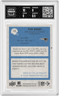 Tom Brady from the 2009 Philadelphia set graded by Arena Club and given an overall grade of 8.5.