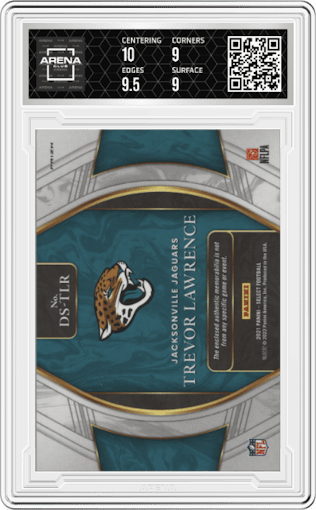 Trevor Lawrence from the 2021 Panini Select set featuring a Red Prizm parallel graded by Arena Club and given an overall grade of 9.5.