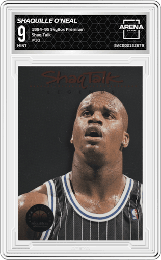 Shaquille O'Neal from the 1994-95 SkyBox Premium set graded by Arena Club and given an overall grade of 9.