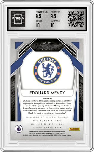 Edouard Mendy from the 2020-21 Panini Prizm Premier League set featuring a Blue Ice Prizm parallel graded by Arena Club and given an overall grade of 10.