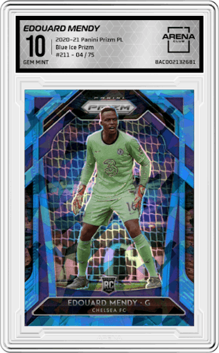 Edouard Mendy from the 2020-21 Panini Prizm Premier League set featuring a Blue Ice Prizm parallel graded by Arena Club and given an overall grade of 10.