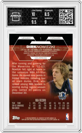 Dirk Nowitzki from the 2002-03 Topps Finest set graded by Arena Club and given an overall grade of 9.