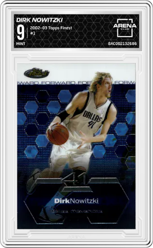 Dirk Nowitzki from the 2002-03 Topps Finest set graded by Arena Club and given an overall grade of 9.
