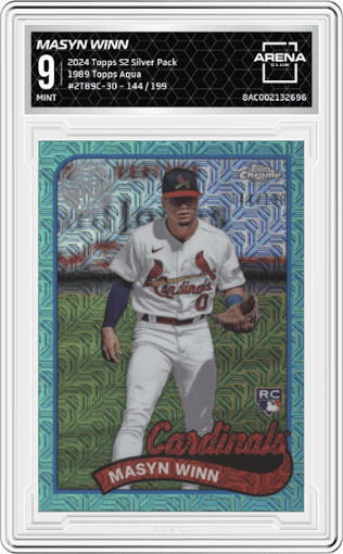 Masyn Winn from the 2024 Topps Series 2 Silver Pack set featuring a Aqua parallel graded by Arena Club and given an overall grade of 9.