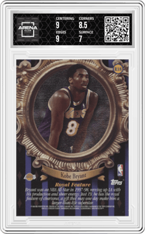 Kobe Bryant from the 1998-99 Topps set featuring a W/ Coating parallel graded by Arena Club and given an overall grade of 7.5.