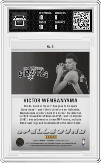 Victor Wembanyama from the 2023-24 Panini Donruss Elite set graded by Arena Club and given an overall grade of 9.5.