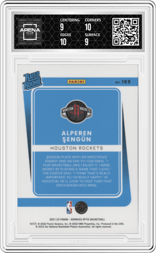 Alperen Sengun from the 2021-22 Panini Donruss Optic set graded by Arena Club and given an overall grade of 9.5.
