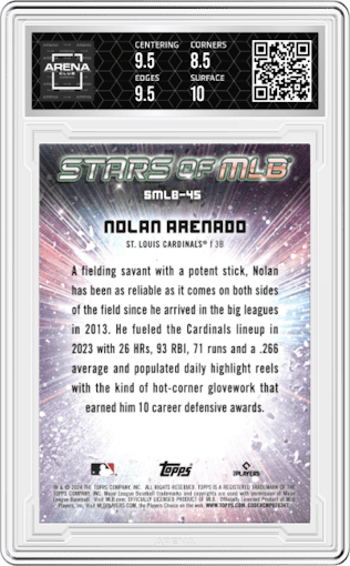 Nolan Arenado from the 2024 Topps  set featuring a Red parallel graded by Arena Club and given an overall grade of 9.